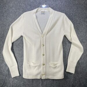 Vintage Bristol Sweater Mens 40 White Acrylic Cardigan Pockets Made USA 70s